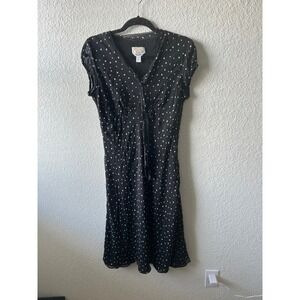 Vtg Talbots Black Polka Dot Pure Silk Midi‎ Dress Size 10 V Neck Classy Pinup